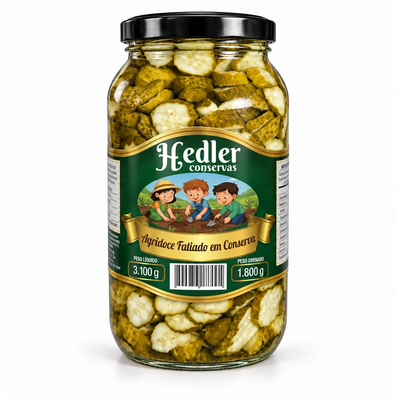 Pepino agridoce Hedler — pote grande, 3.100 g de peso líquido e 1.800 g de peso drenado