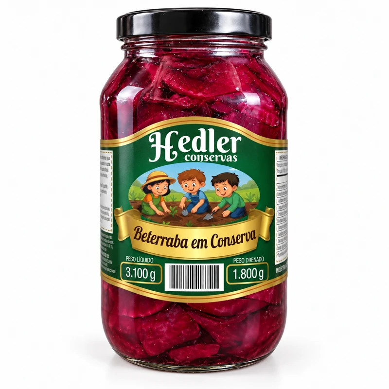 Beterraba em conserva Hedler — pote grande, 3.100 g de peso líquido e 1.800 g de peso drenado