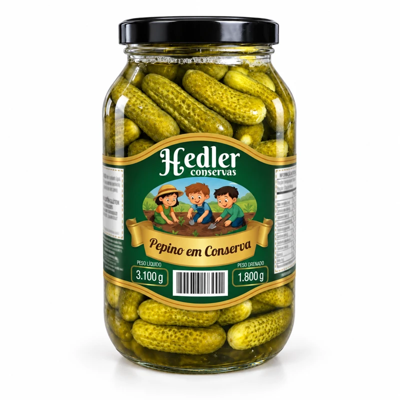 Pepino em conserva Hedler — pote grande, 3.100 g de peso líquido e 1.800 g de peso drenado