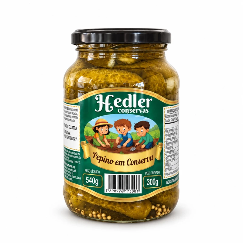 Pepino em conserva Hedler — pote pequeno, 540 g de peso líquido e 300 g de peso drenado