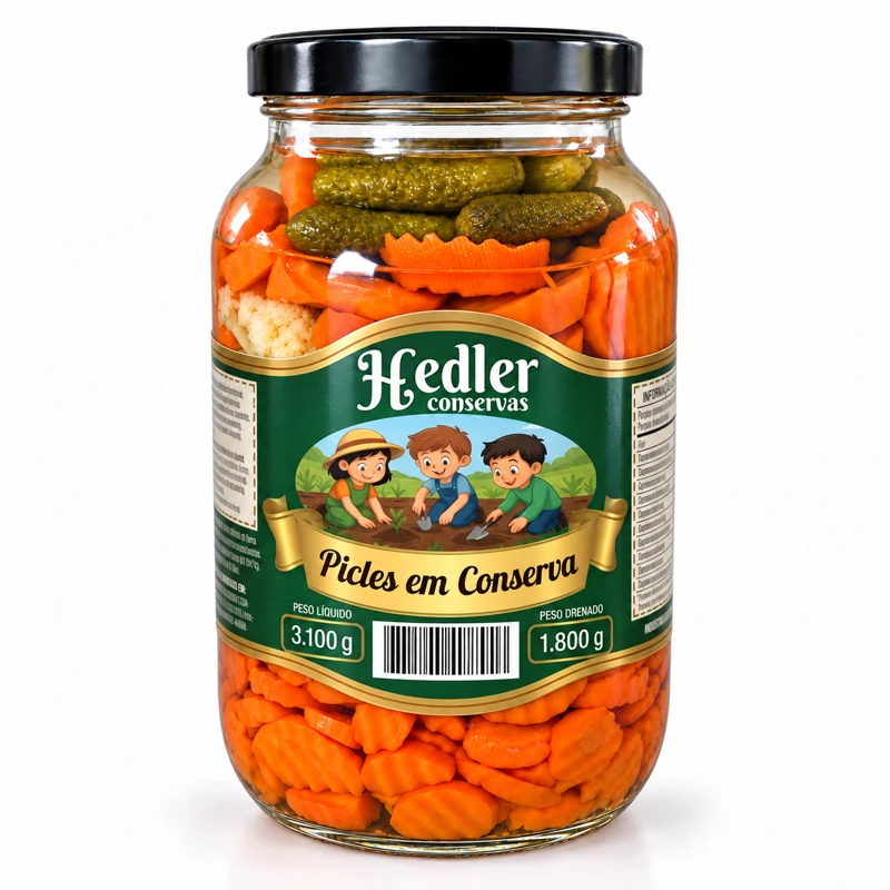 Picles em conserva Hedler — pote grande, 3.100 g de peso líquido e 1.800 g de peso drenado