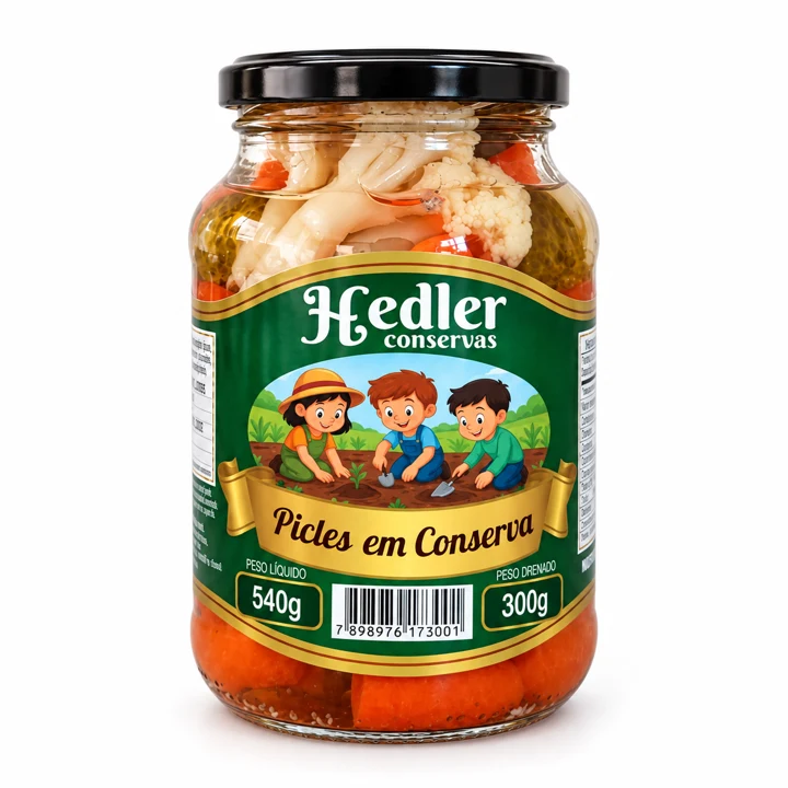 Picles em conserva Hedler — pote pequeno, 540 g de peso líquido e 300 g de peso drenado